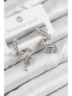 Pirinç Zirkon Taşlı Kıvrımlı Model Gümüş Renk Kadın Küpe