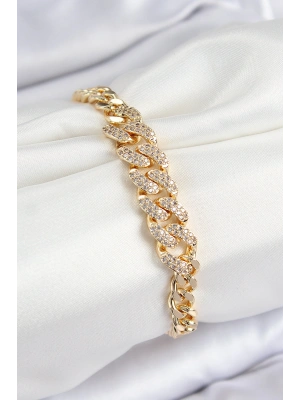 Pirinç Zirkon Taşlı Küba Zincir Model Gold Renk Kadın Bileklik