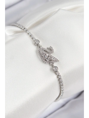 Pirinç Zirkon Taşlı Kuğu Model Gümüş Renk Kadın Bileklik