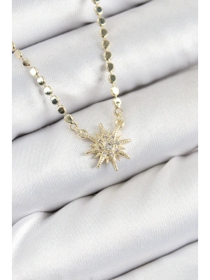 Pirinç Zirkon Taşlı Kutup Yıldızı Model Ezme Zincir Gold Renk Kadın Kolye