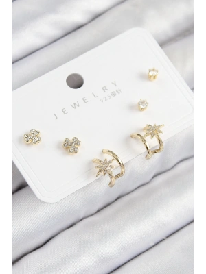 Pirinç Zirkon Taşlı Kutup Yıldızı Model Gold Renk 925 Ayar Gümüş Çivi Kadın Küpe Set