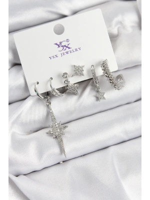 Pirinç Zİrkon Taşlı Kutup Yıldızı Model Gümüş Renk 3lü Çift Kadın Küpe