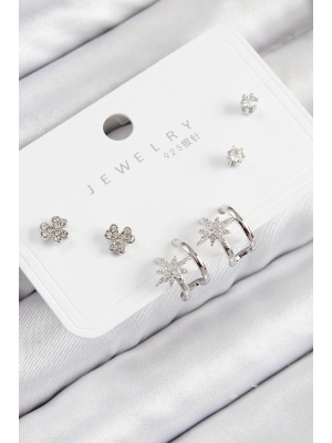 Pirinç Zirkon Taşlı Kutup Yıldızı Model Gümüş Renk 925 Ayar Gümüş Çivi Kadın Küpe Set