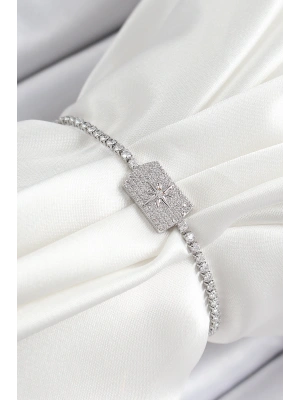 Pirinç Zirkon Taşlı Kutup Yıldızı Model Gümüş Renk Asansörlü Kadın Bileklik