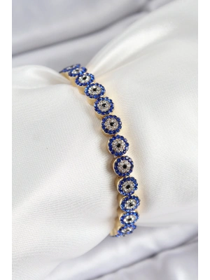 Pirinç Zirkon Taşlı Lacivert Nazar Model Gold Renk Lastikli Kadın Bileklik