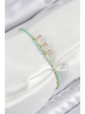 Pirinç Zirkon Taşlı Mavi Boncuklu Model Gold Renk Kadın Bileklik