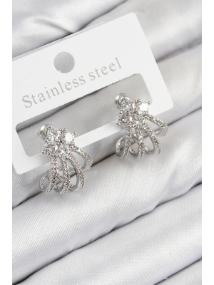 Pirinç Zirkon Taşlı Model Gümüş Renk Kadın Küpe