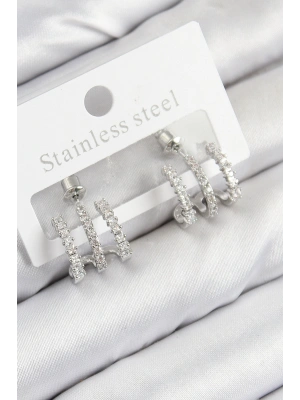 Pirinç Zirkon Taşlı Model Gümüş Renk Kadın Küpe