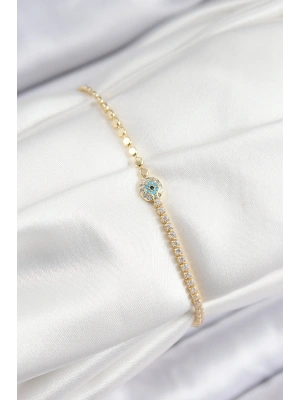 Pirinç Zirkon Taşlı Nazar Model Ezme Zincir Gold Renk Kadın Bileklik