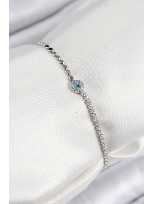 Pirinç Zirkon Taşlı Nazar Model Ezme Zincir Gümüş Renk Kadın Bileklik