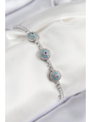 Pirinç Zirkon Taşlı Nazar Model Gümüş Renk Kadın Bileklik