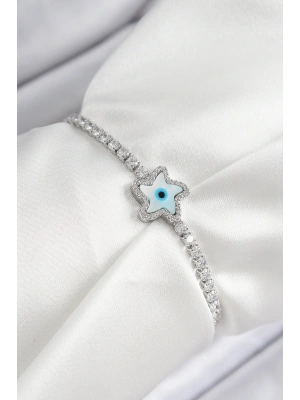 Pirinç Zirkon Taşlı Nazar Yıldız Model Gümüş Renk Asansörlü Kadın Bileklik