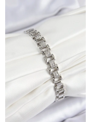 Pirinç Zirkon Taşlı Parçalı Model Gümüş Renk Kadın Bileklik