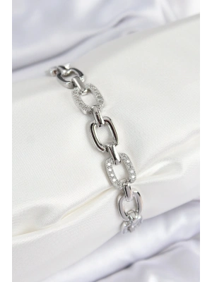 Pirinç Zirkon Taşlı Parçalı Zincir Model Gümüş Renk Kadın Bileklik