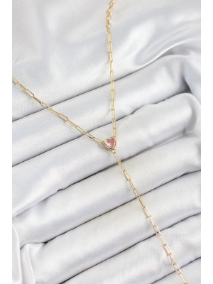 Pirinç Zirkon Taşlı Pembe Kalp Figürlü Y Model Gold Renk Kadın Kolye