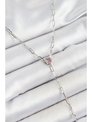 Pirinç Zirkon Taşlı Pembe Kalp Figürlü Y Model Gümüş Renk Kadın Kolye