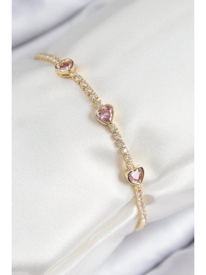 Pirinç Zirkon Taşlı Pembe Kalp Model Gold Renk Kadın Bileklik
