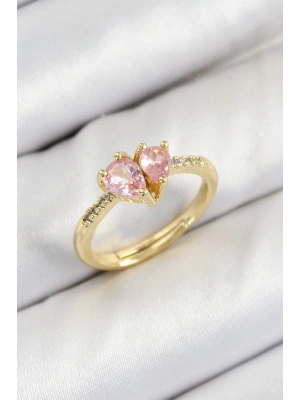 Pirinç Zirkon Taşlı Pembe Kalp Model Gold Renk Kadın Yüzük