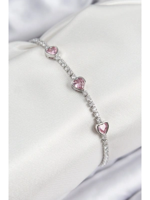 Pirinç Zirkon Taşlı Pembe Kalp Model Gümüş Renk Kadın Bileklik