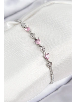 Pirinç Zirkon Taşlı Pembe Kalp Model Gümüş Renk Kadın Bileklik