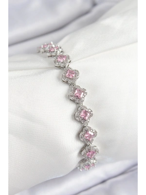 Pirinç Zirkon Taşlı Pembe Yonca Baget Model Gümüş Renk VIP Seri Kadın Bileklik