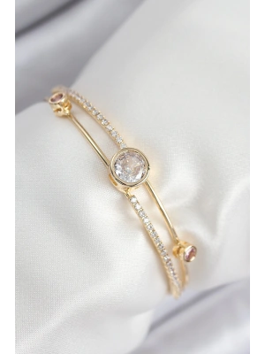 Pirinç Zirkon Taşlı Pırlanta Model Gold Renk Kadın Bileklik
