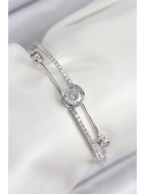 Pirinç Zirkon Taşlı Pırlanta Model Gümüş Renk Kadın Bileklik