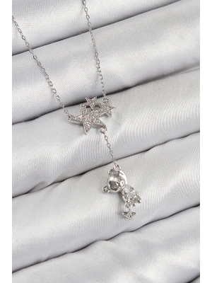 Pirinç Zirkon Taşlı Sallantılı Ayıcıklı Yıldız Model Gümüş Renk Kadın Kolye