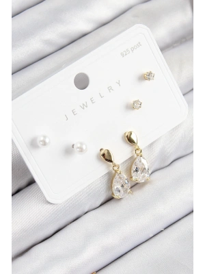 Pirinç Zirkon Taşlı Sallantılı Damla Model Gold Renk 925 Ayar Gümüş Çivi Kadın Küpe Set