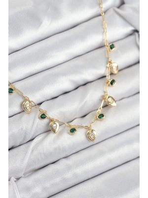 Pirinç Zirkon Taşlı Sallantılı Damla Model Gold Renk Kadın Kolye