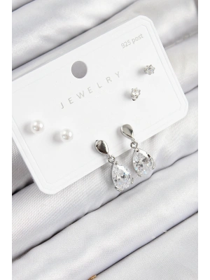 Pirinç Zirkon Taşlı Sallantılı Damla Model Gümüş Renk 925 Ayar Gümüş Çivi Kadın Küpe Set