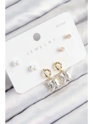 Pirinç Zirkon Taşlı Sallantılı Kare Model Gold Renk 925 Ayar Gümüş Çivi Kadın Küpe Set