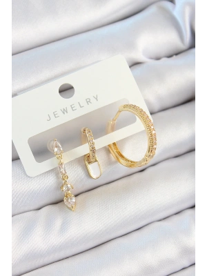 Pirinç Zirkon Taşlı Sallantılı Model Gold Renk 3lü Çift Kadın Küpe Set