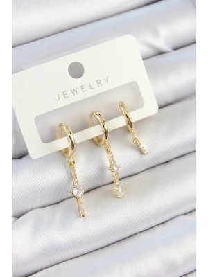 Pirinç Zirkon Taşlı Sallantılı Model Gold Renk 3lü Çift Kadın Küpe Set