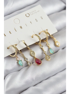 Pirinç Zirkon Taşlı Sallantılı Model Gold Renk 6lı Küpe Set