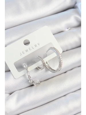 Pirinç Zirkon Taşlı Sallantılı Model Gümüş Renk 3lü Çift Kadın Küpe Set