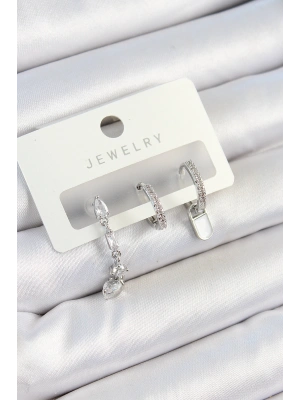 Pirinç Zirkon Taşlı Sallantılı Model Gümüş Renk 3lü Çift Kadın Küpe Set