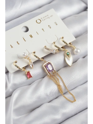 Pirinç Zirkon Taşlı Sallantılı Ve İncili Gold Renk 6lı Küpe Set