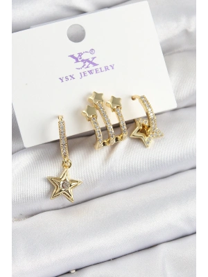 Pirinç Zİrkon Taşlı Sallantılı Yıldız Model Gold Renk 3lü Kadın Küpe
