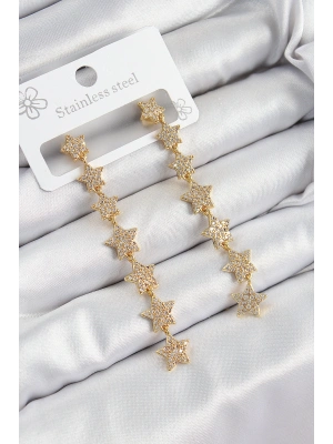 Pirinç Zirkon Taşlı Sallantılı Yıldız Model Gold Renk Kadın Küpe