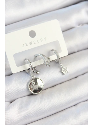 Pirinç Zirkon Taşlı Sallantılı Yıldız Model Gümüş Renk 3lü Çift Kadın Küpe Set