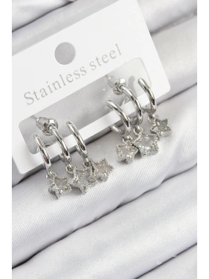 Pirinç Zirkon Taşlı Sallantılı Yıldız Model Gümüş Renk Kadın Küpe