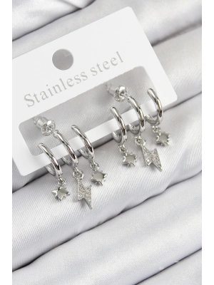 Pirinç Zirkon Taşlı Şimşek Model Gümüş Renk Kadın Küpe