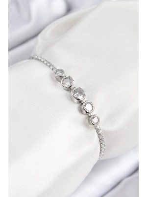 Pirinç Zirkon Taşlı Sıralı Daire Model Gümüş Renk Asansörlü Kadın Bileklik