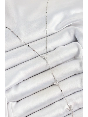 Pirinç Zirkon Taşlı Sıralı Kelebek Figürlü Y Model Gümüş Renk Kadın Kolye