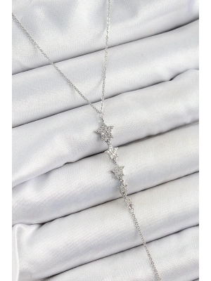 Pirinç Zirkon Taşlı Sıralı Yıldız Figürlü Y Model Gümüş Renk Kadın Kolye