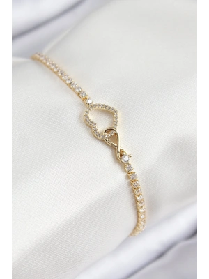 Pirinç Zirkon Taşlı Sonsuzluk Kalp Model Gold Renk Kadın Bileklik