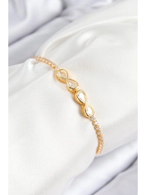 Pirinç Zirkon Taşlı Sonsuzluk Model Gold Renk Asansörlü Kadın Bileklik