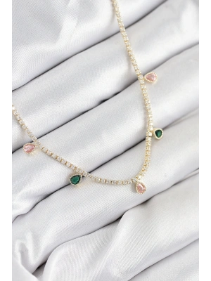 Pirinç Zirkon Taşlı Su Yolu Damla Model Gold Renk Kadın Kolye