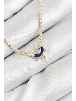 Pirinç Zirkon Taşlı Su Yolu Göz Model Gold Renk Kadın Kolye